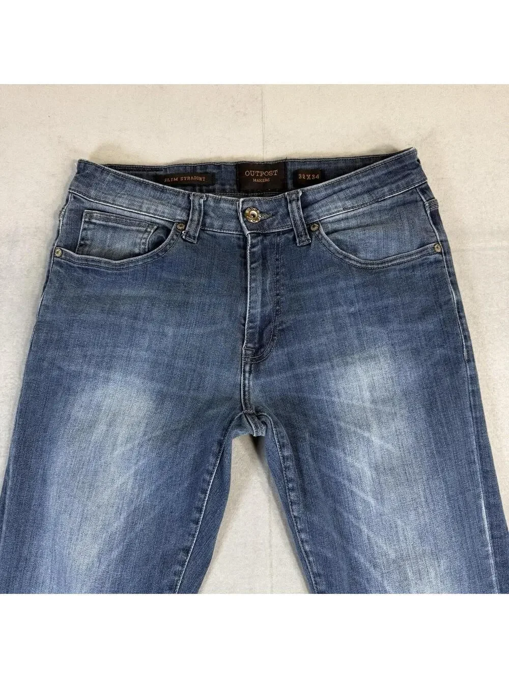 Outpost Makers Jeans Mens 32x34 Blue Slim Straight Dark Wash Stretch Denim